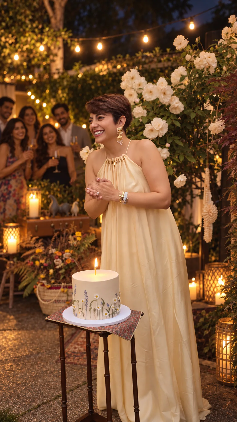 Woman smiling beside a candle-lit cake at an evening garden celebration strung with string lights and floral arrangements