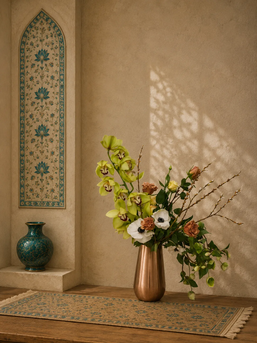 Dried banksia, leucadendron, and pincushion protea arrangement in a round terracotta vase against a weathered blue-paneled door