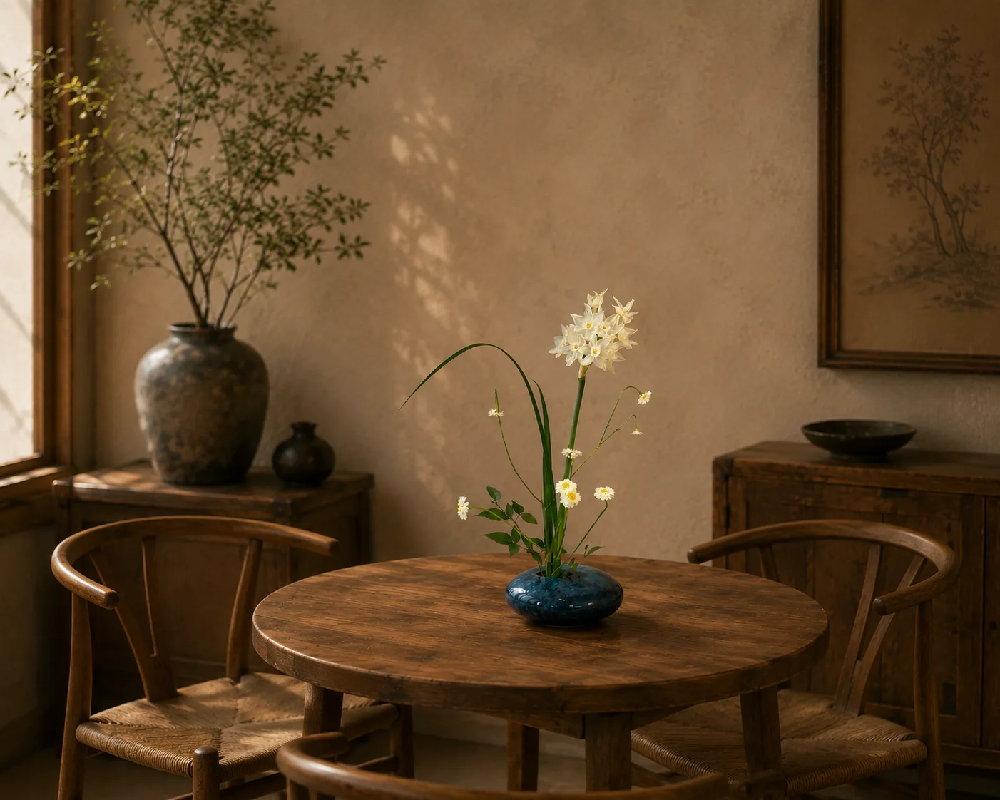 Ikebana-style paperwhite narcissus arrangement in a blue vase on a dining table