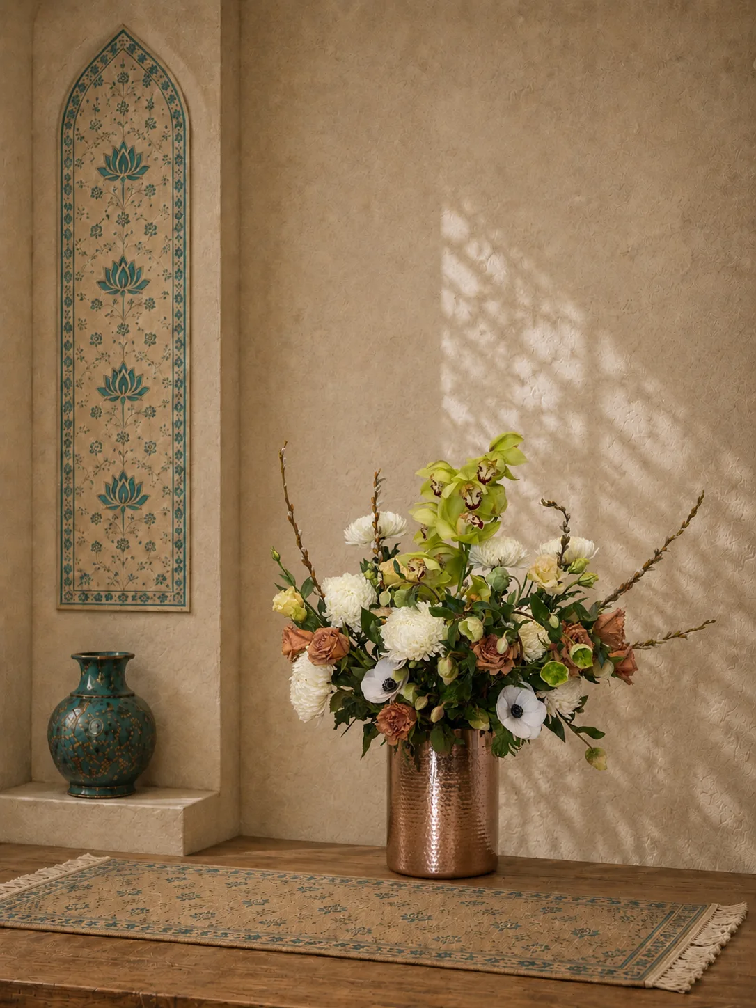 Green cymbidium orchid, white anemone, and rust rose arrangement in a copper vase beneath a Persian tile alcove