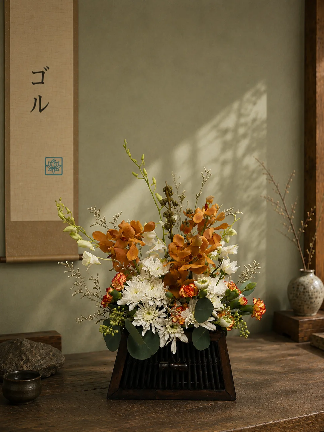 Orange orchid and white chrysanthemum ikebana arrangement in a dark wooden vessel against a sage-green wall and Japanese calligraphy scroll