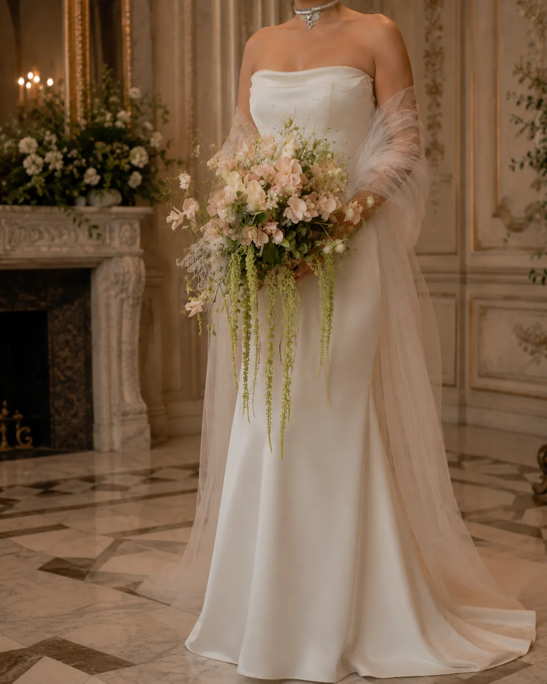 Bride in a strapless gown holding a cascading peach and cream bouquet in an ornate marble room