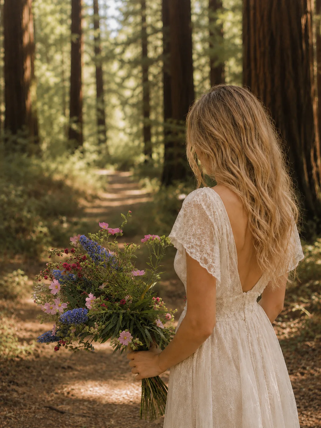 Bride in a lace dress holding a wildflower bouquet on a sunlit path through a redwood forest
